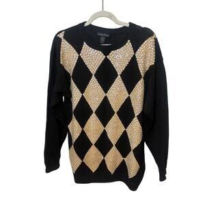 Ashleigh Morgan Vintage Sequin Argyle Sweater Women’s M Black Gold Harlequin